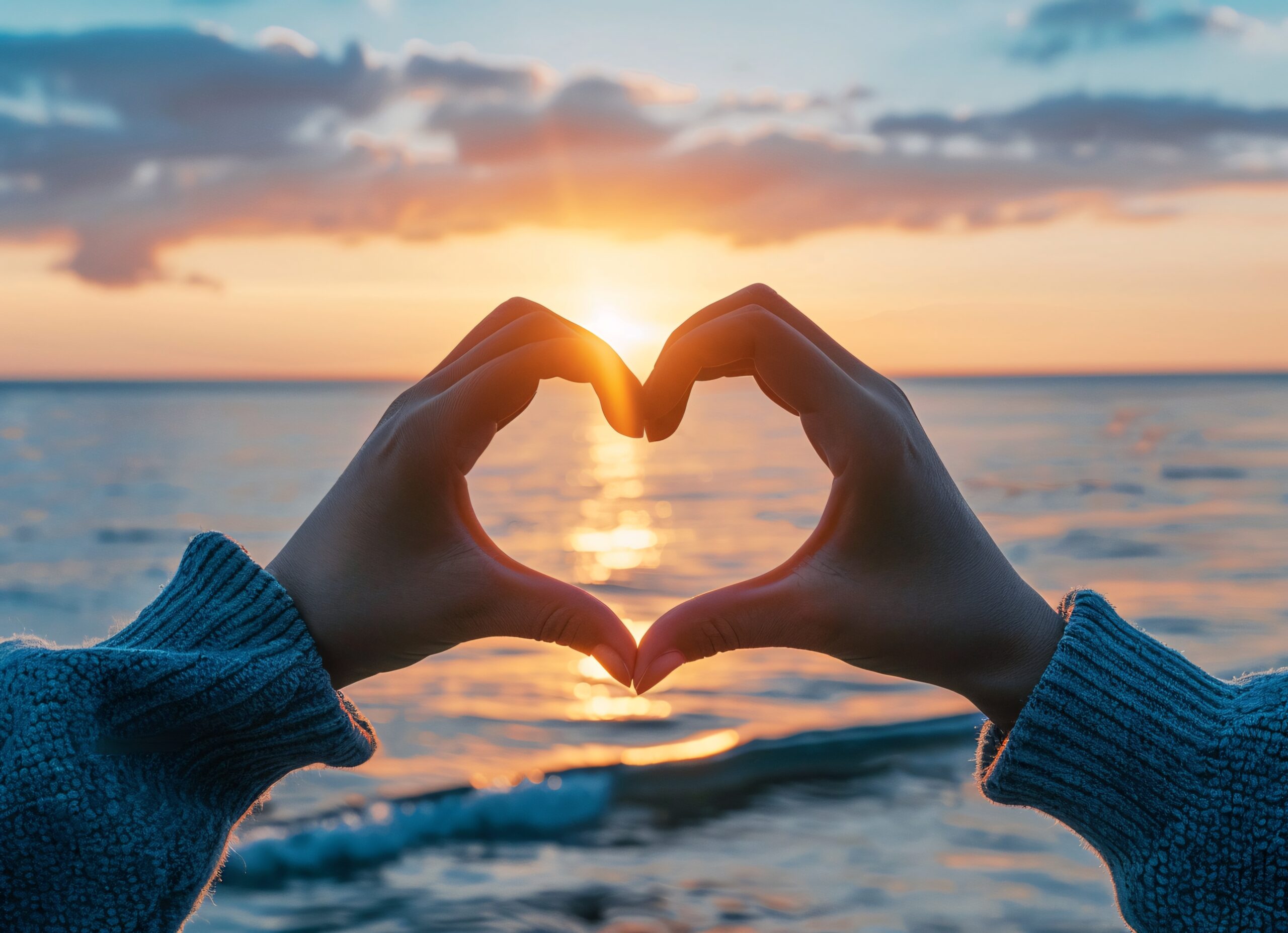 Closeup of hands forming heart shape with sunset in background